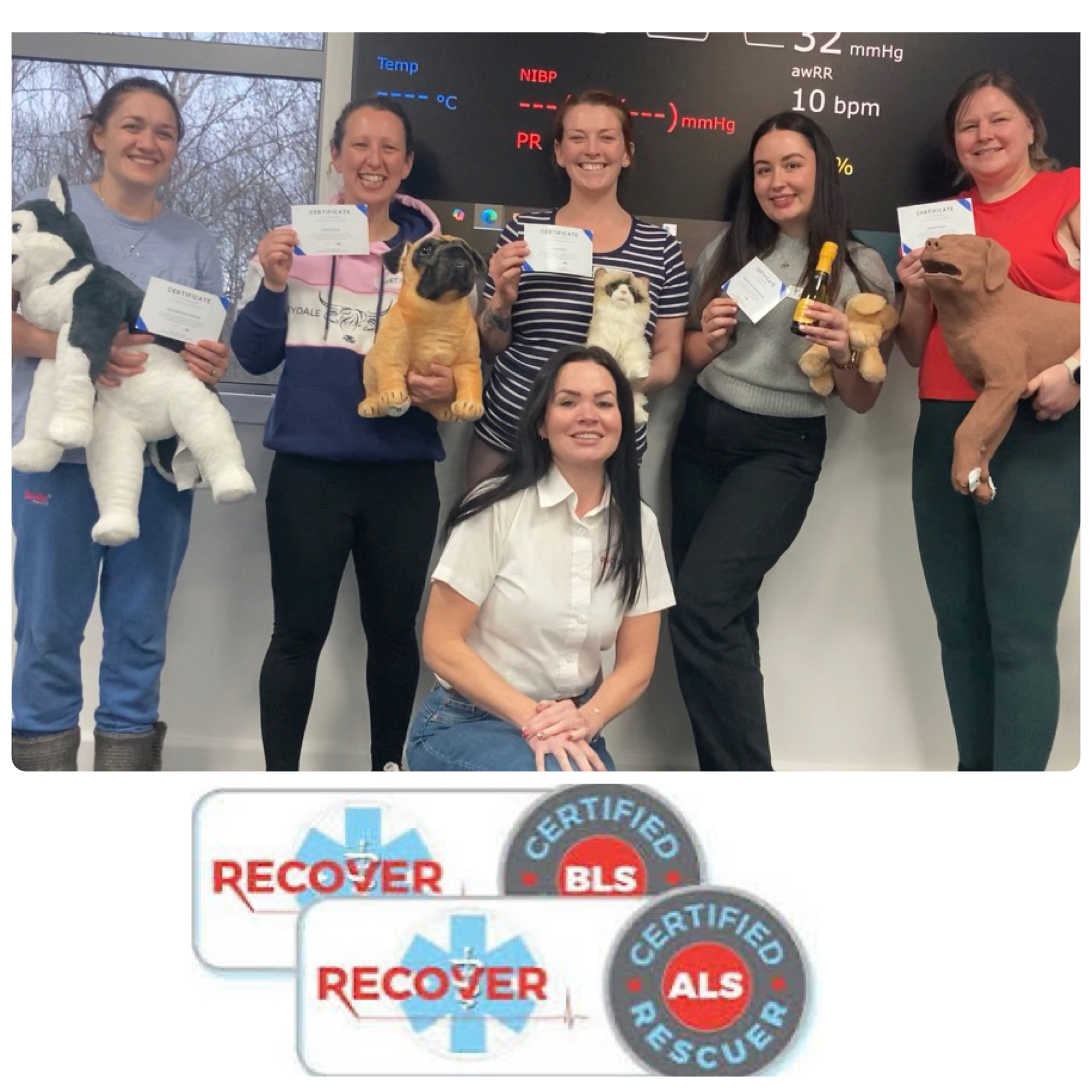 Veterinary professionals holding RECOVER CPR certificates during a hands-on training session, with CPR training models and RECOVER BLS and ALS certification badges displayed.